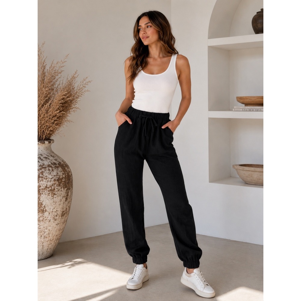 TOBI Black Linen Blend Jogger Pants M Drawstring Elastic Waist Casual Relaxed